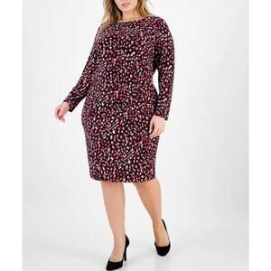 Kasper Women's Printed Boat-Neck Long-Sleeve Dress Black Multi Plus Size 1X